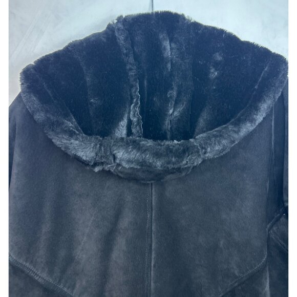 Vtg J.Percy Marvin Richards Women's M Black Suede Faux Fur Lined Coat Hooded 90s - Picture 11 of 14